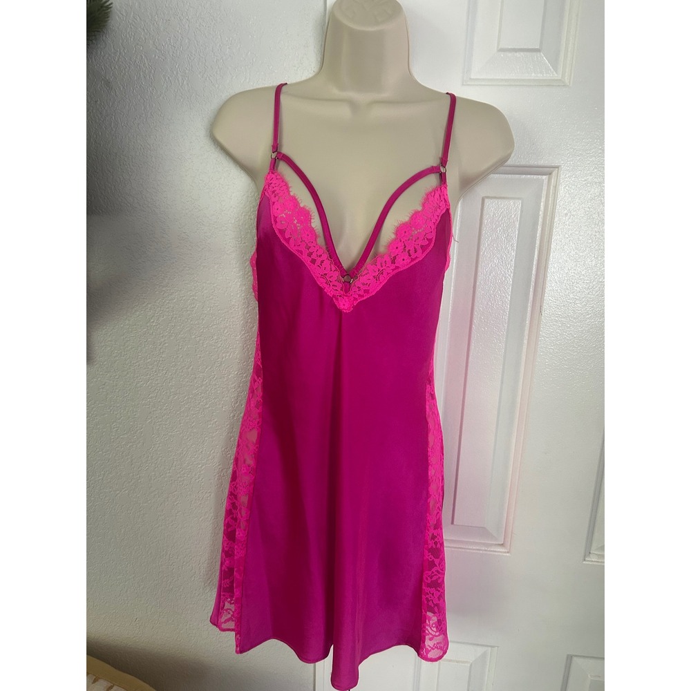 Victoria's Secret Magenta Pink Satin Lace Trim Slip Dress Chemise Small